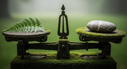 Moss-Covered Scales Balancing Fern Frond and Patterned Stone in Serene Green Setting