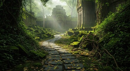 Moss-Covered Ruins: Ancient Temple Path Through Lush Jungle, Sunlight Piercing Mist