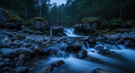 Mossy Boulders Frame a Cascading Stream in a Dark Forest Landscape