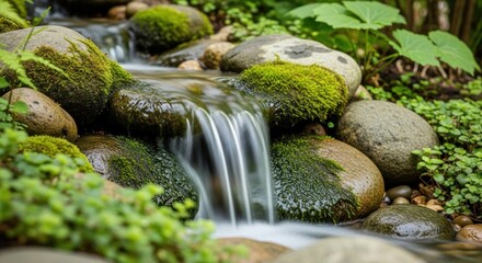 Mossy Rocks Frame a Gentle Waterfall in a Lush Garden Setting, Captured with a Slow Shutter Speed