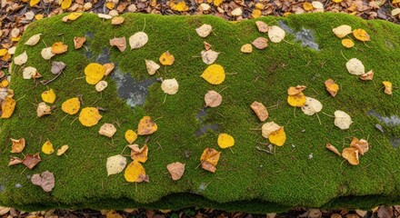 Mossy Stone Adorned with Fallen Autumn Leaves in a Forest Setting