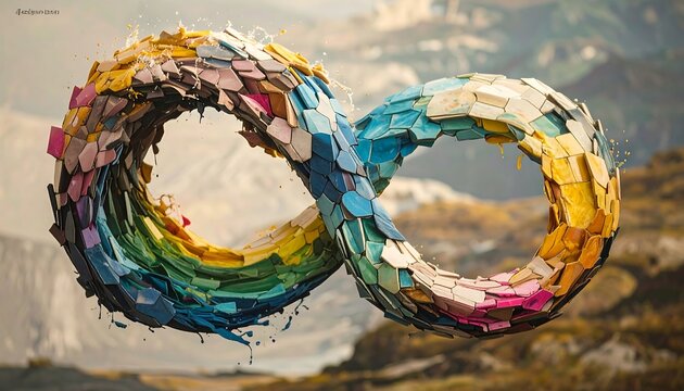 Colorful infinity symbol against mountain backdrop - Powered by Adobe