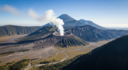 Mount Bromo's smoking crater and surrounding volcanic landscape in East Java, Indonesia