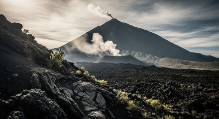Mount Etna's smoking peak rises above the volcanic landscape, Sicily, Italy