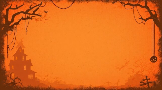 Halloween-themed illustration with a spooky house silhouette and barren trees