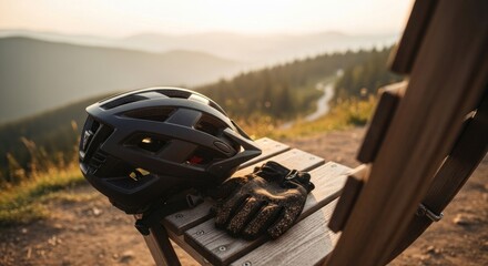 Mountain Biking Gear Resting on Wooden Chair with Scenic Mountain View