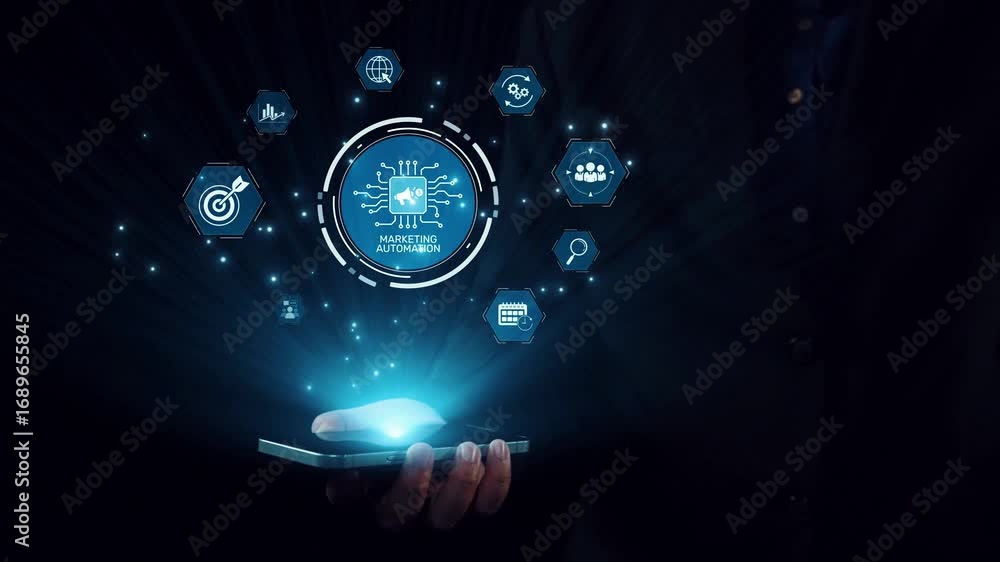 Poster marketing automation diagram showcase ai-driven campaign workflow, highlight marketing automation, d