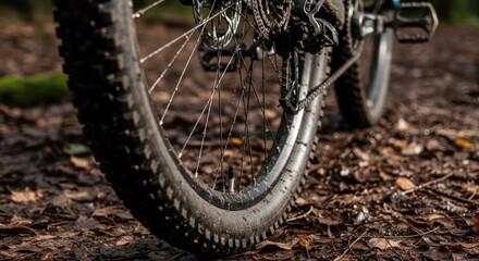 Muddy Mountain Bike Tire and Drivetrain on Forest Floor, Close-Up Detail