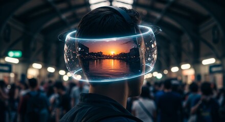 Futuristic VR headset projecting a vibrant sunset cityscape onto a person's head, blurring reality and digital experience