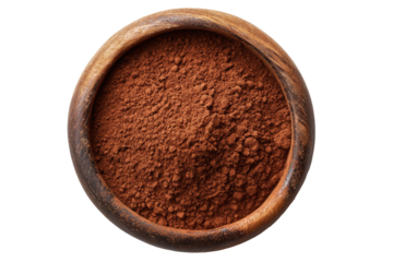 Dark brown cocoa powder fills a round wooden bowl, top-down view