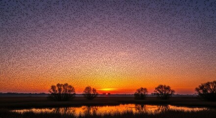 Murmuration spectacle: Starlings dance at sunset over tranquil waters, reflecting the fiery sky