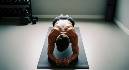 Muscular man in plank position on yoga mat in home gym, dumbbells in background