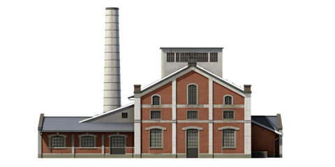 Red brick factory building with tall chimney isolated on a transparent background
