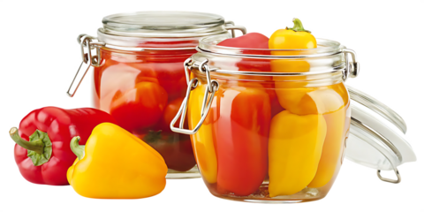Red and yellow peppers in glass jars isolated on a transparent background pickled peppers