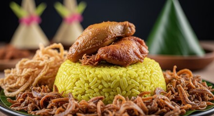 Nasi Kuning with Ayam Goreng, Crispy Anchovies, and Noodles, a Festive Indonesian Rice Dish