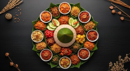 Nasi Tumpeng: Indonesian Festive Rice Cone with Side Dishes on Banana Leaf Platter