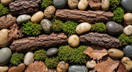 Natural arrangement of smooth stones, moss, bark, and dry leaves in a textured composition