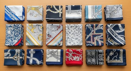 Neatly Folded Silk Scarves with Intricate Designs on a Wooden Surface, Top-Down View