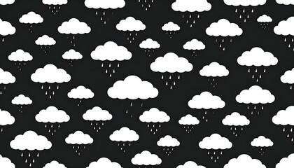 Repeating pattern of white clouds and rain drops on a dark background