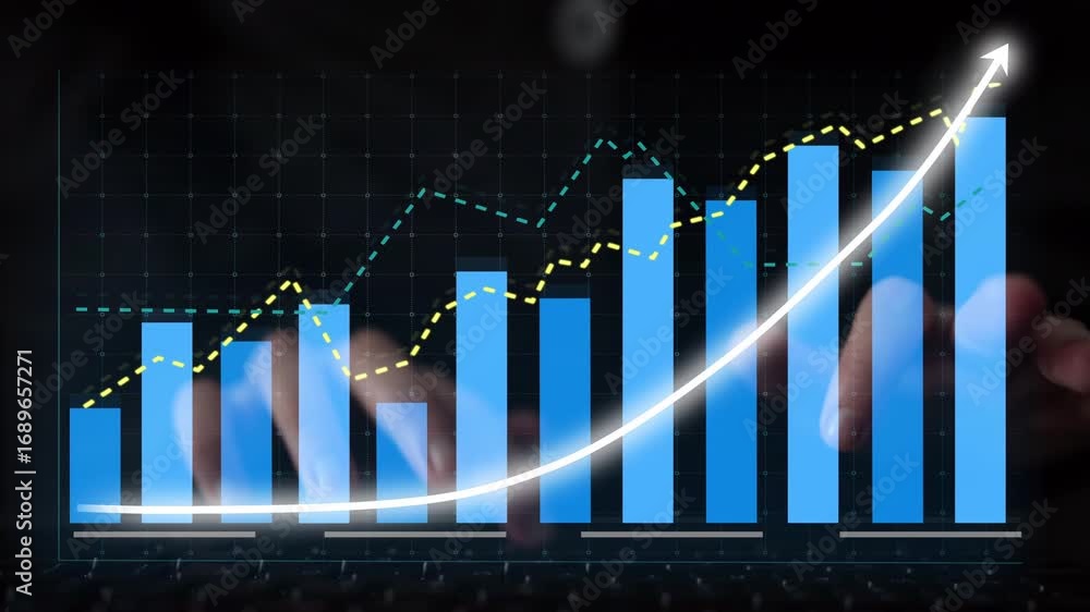 Poster this image depicts financial growth through bar graphs and line charts, highlighting data analysis. 