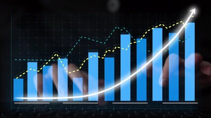 This image depicts financial growth through bar graphs and line charts, highlighting data analysis. The interaction of hands emphasizes technology in business reporting. Copula - Powered by Adobe