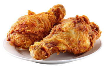 Two crispy fried chicken drumsticks on a white plate