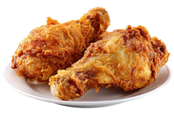 Two crispy fried chicken drumsticks on a white plate