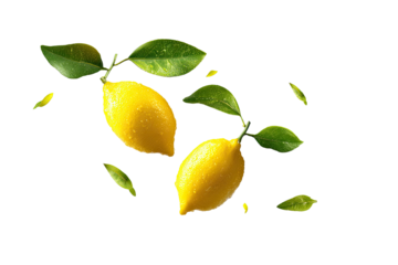 Two bright yellow lemons with vibrant green leaves, levitating amidst falling leaf fragments against a black background