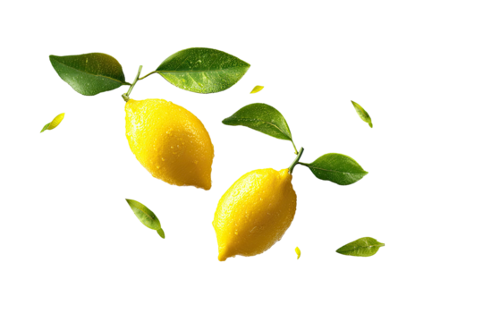 Two bright yellow lemons with vibrant green leaves, levitating amidst falling leaf fragments against a black background