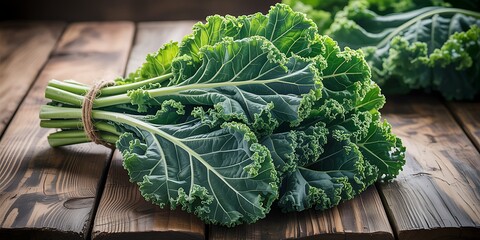 Fresh kale bunch resting on rustic wooden surface ready for healthy cooking and vibrant lifestyle images