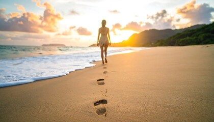 Woman walking on beach at sunset
