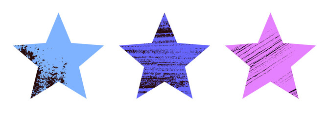 Three bright five pointed stars with different texture patterns. Stylish vector banner illustration on white isolated background.
