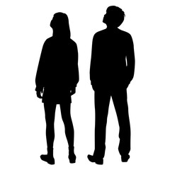 Silhouettes of couple, man and woman, standing business people, looking up, vector, back view, profile, black color isolated on white background