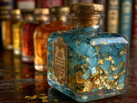 A square glass bottle labeled “Goldo” contains vibrant blue crystals and shimmering gold flakes, surrounded by other colorful bottles and antique books. 