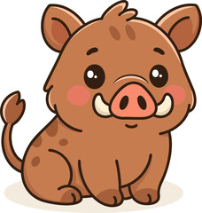 Cute kawaii cartoon wild boar sitting with big shiny eyes, pink cheeks and small tusks. Perfect for children’s designs, stickers, t-shirts and playful animal collections.