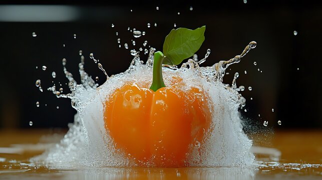 Orange bell pepper splashing into water with dynamic water droplets frozen in motion vegetable Photo