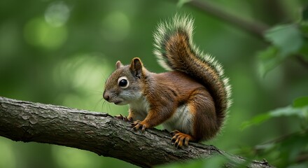 Obraz premium Squirrel sitting on a tree branch in the forest.