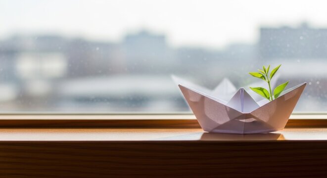 Paper boat with green sprout on wooden surface against blurred cityscape backdrop