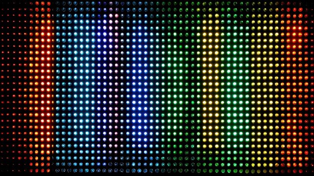 Abstract glowing colorful led lights arranged on a dark background forming an array of vibrant hues and tones creating a dazzling effect