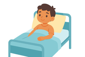 Obraz premium Young boy sitting in bed and smiling under blue blanket child in hospital bed