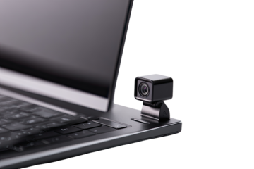 Close-up of a small webcam attached to a laptop.  The webcam is a small, dark gray/black cube with a lens.  The laptop is silver-gray, displaying a dark screen. 