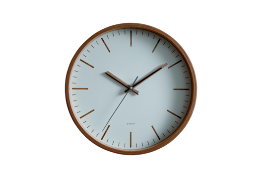 Close-up of a round wall clock.  Simple, minimalist design.  Light beige/tan wooden frame. White face.  Time shown.  Dark background