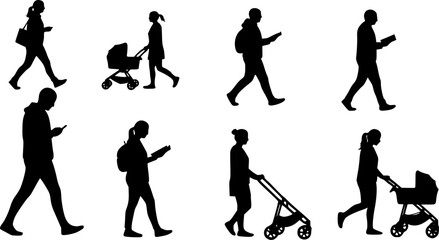 Silhouettes of people walking and reading with a woman pushing a baby stroller on a white background | editable eps vectors
