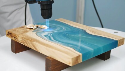 Resin-coated wooden board being drilled