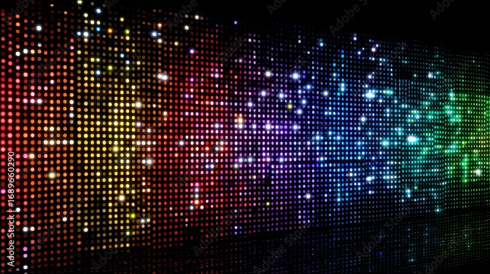 Poster gradient dotted light wall showing multicolor spectrum, bokeh effect and depth of field on a dark ba