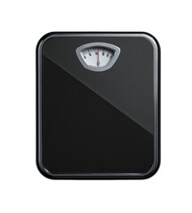 A black, rectangular, analog bathroom scale.  The scale features a circular dial with a pointer, a simple, classic design