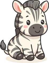 Sweet kawaii style zebra illustration with big shiny eyes, striped body and blushing cheeks. Perfect for safari-themed designs, children’s illustrations and cute stickers.