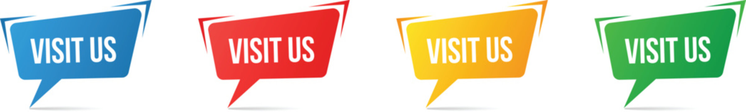 Creative visit us banner design set with modern speech bubble label colorful sticker template and bold typography sign perfect for marketing retail business website promotion
