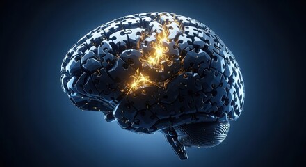 Puzzle Piece Brain with Electrical Activity, Representing Intelligence and Connectivity