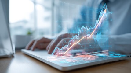 Futuristic holographic SEO screen with upward graph on modern desk, blurred worker background